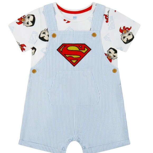 Superman Superhero Shortall 2 Piece Set BABY BOY SIZE 0-3 MONTHS NEW - Picture 1 of 5